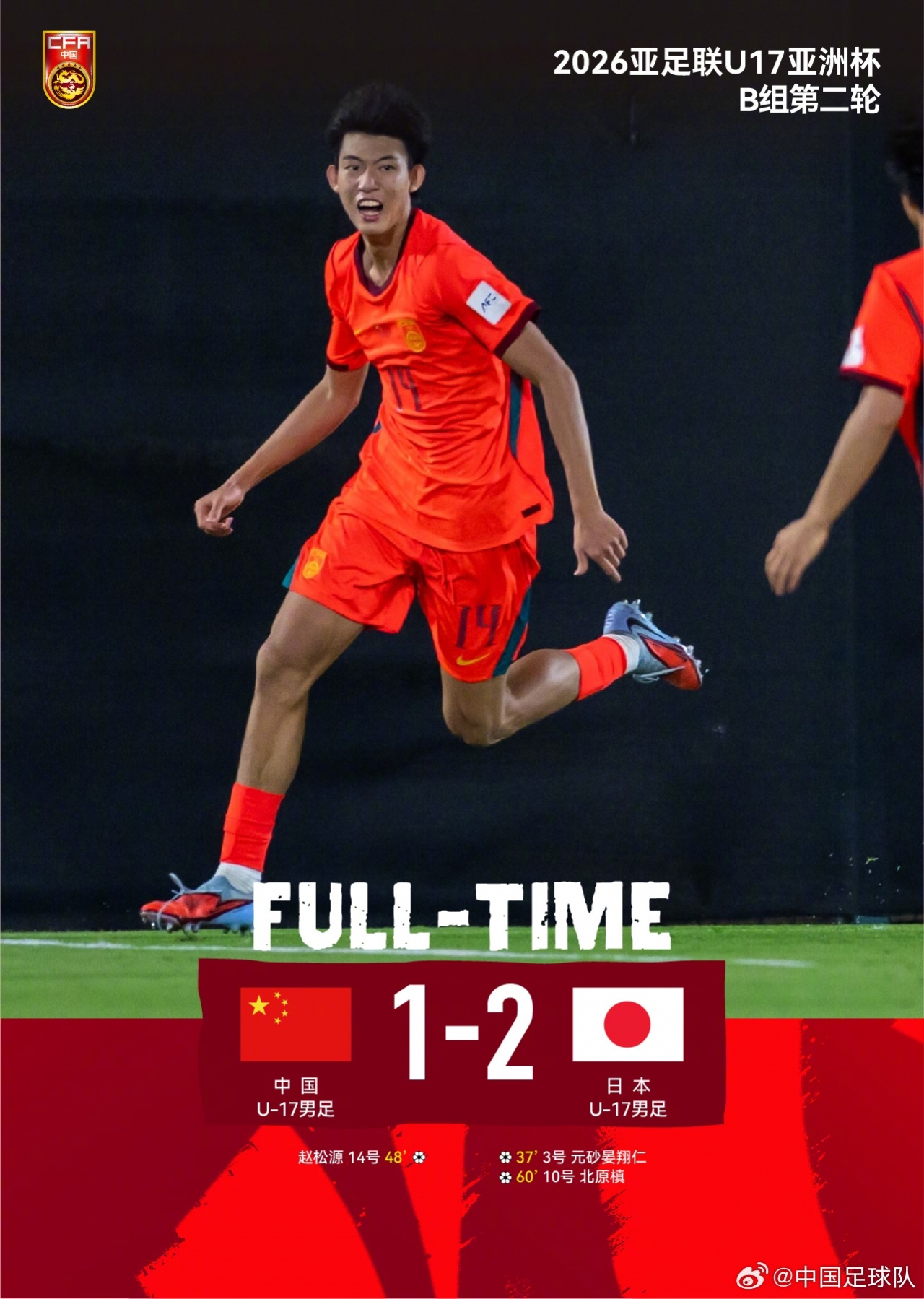 U17亚洲杯中国1-2日本遭遇两连败 全场仅2次射门赵松源世界波难救主