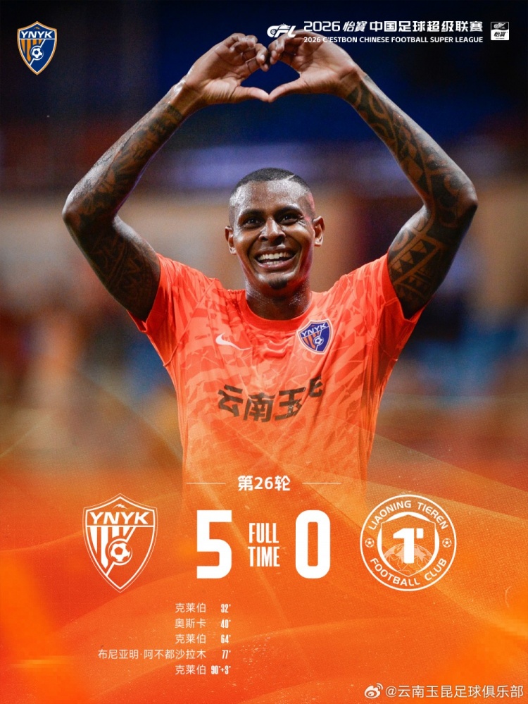 战报·云南玉昆5-0辽宁铁人楠波湾
